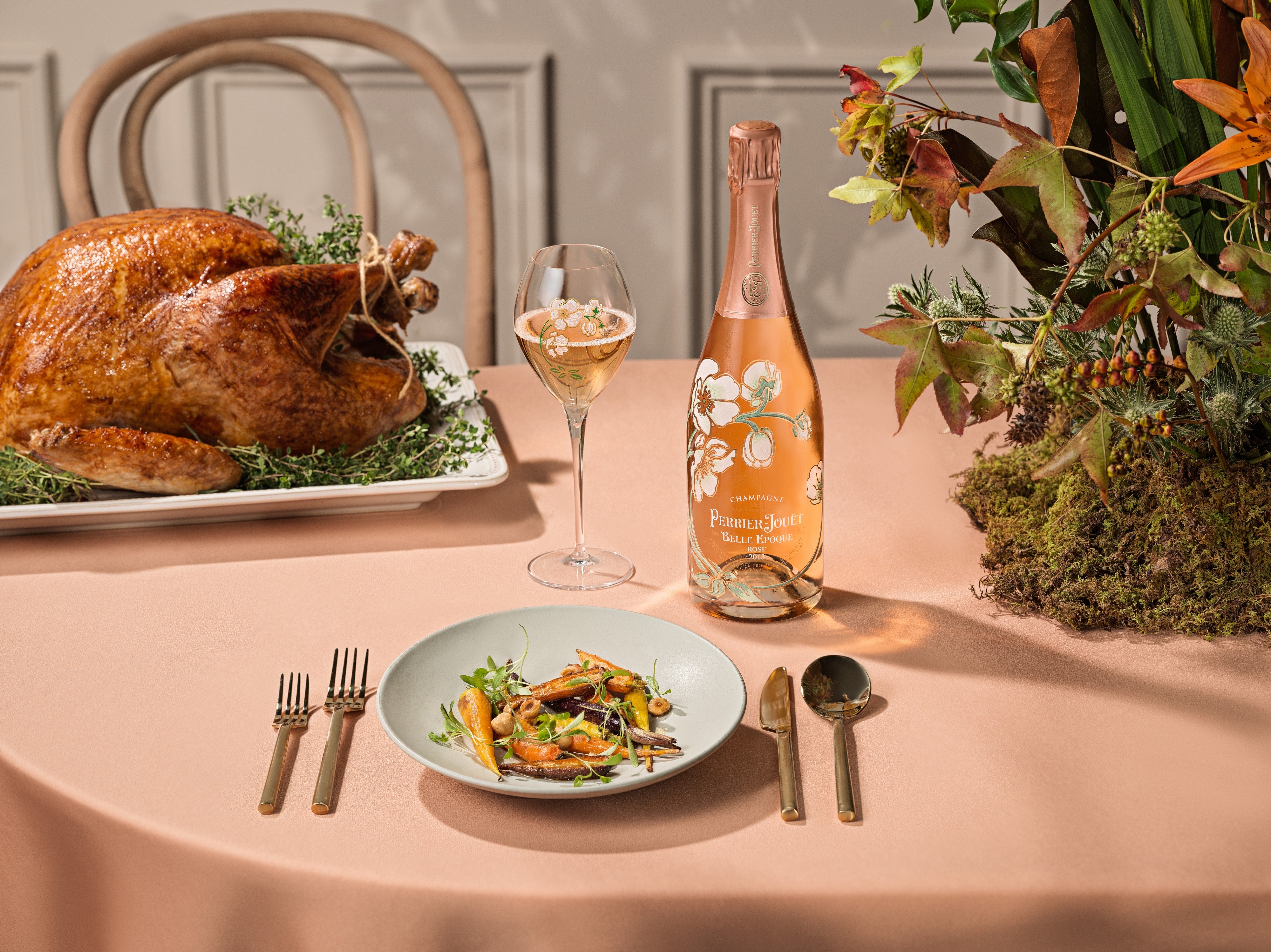Perrier Jouët Roasted Thanksgiving Turkey Holiday Food Recipe paired with Perrier Jouët Belle Epoque Rose champagne