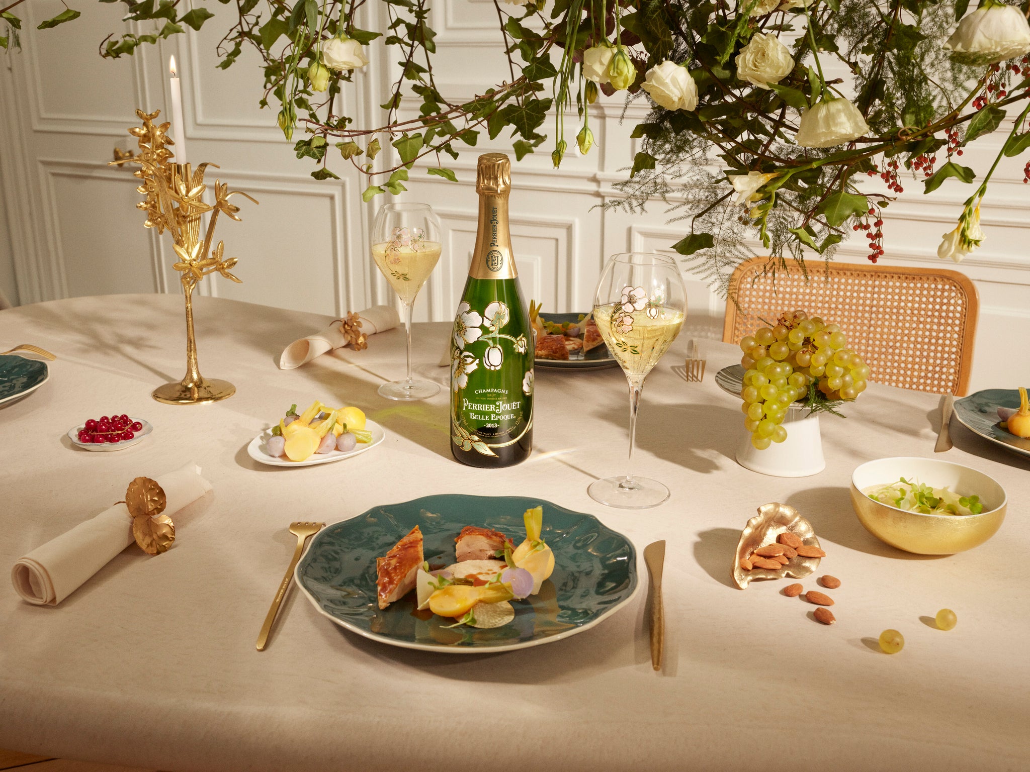 Roast chicken, creamy roasted polenta with Parmesan, raw and cooked turnips With Perrier-Jouët