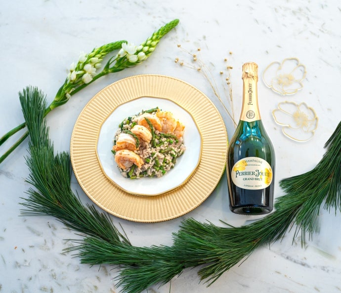 Fresh Vegetable Risotto with Sautéed Shrimp with Perrier-Jouët Grand Brut